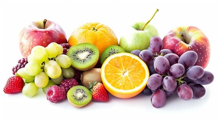 Generative AI : Pile of various types of fresh organic fruits isolated on white background. 