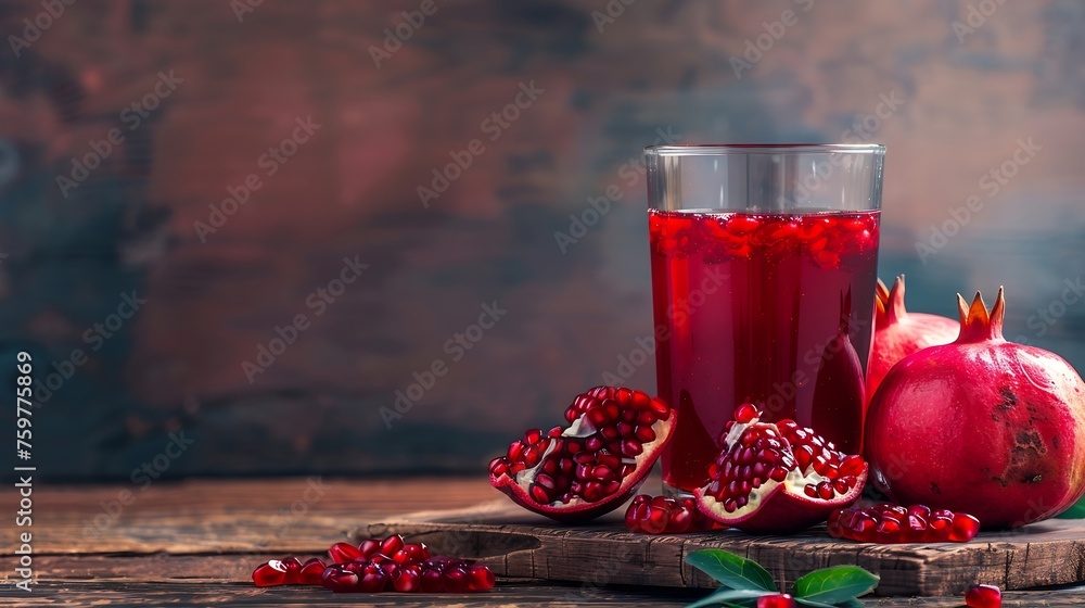 Aufkleber generative ai : pomegranate juice with fresh pomegranate fruits on wooden table.