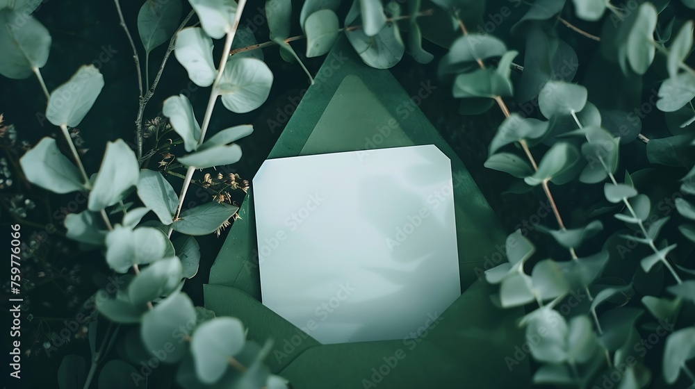 Aufkleber Generative AI : Blank white card in green envelope with twigs of eucalyptus