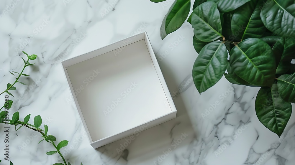 Poster Generative AI : White box open on marble table with green plant, flatlay