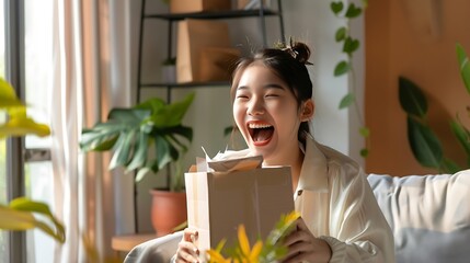 Generative AI : young woman customer sitting on sofa at home, opening and unpacking cardboard box carton parcel 