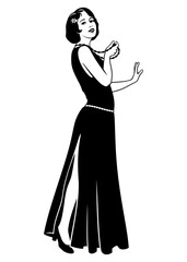 Flapper Girl. Pretty Lady 1920s in long dress. Black and white ink style vector clipart isolated on white.