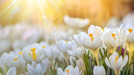 Generative AI : Crocus Iridaceae. Iris Family. White crocuses field flowers. Early Spring time background. - obrazy, fototapety, plakaty