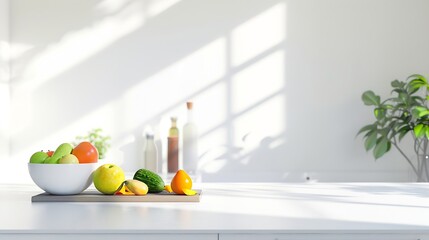 Generative AI : Modern white kitchen with minimalist interior in daytime. Vegetable and fruit on...