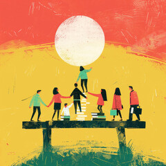 Colorful Line Illustration of Scholars Building Knowledge Bridge with Books Gen AI