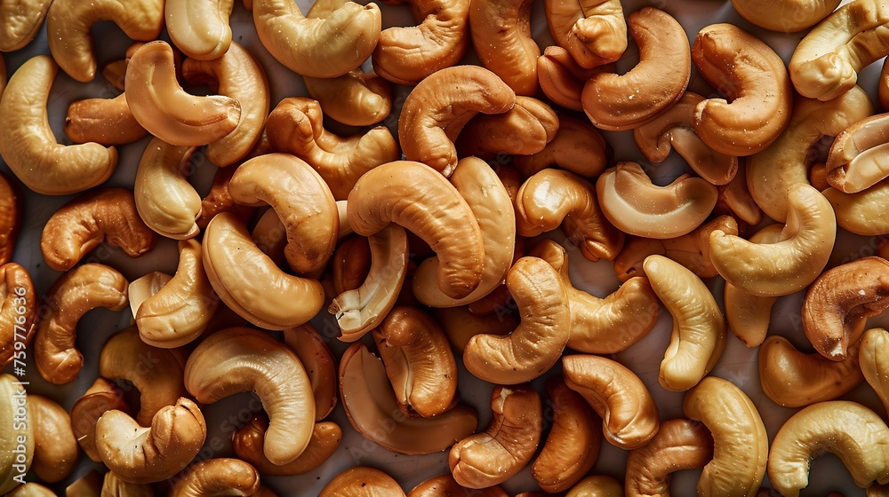 Poster generative ai : roasted cashew nuts, texture and background. top view.