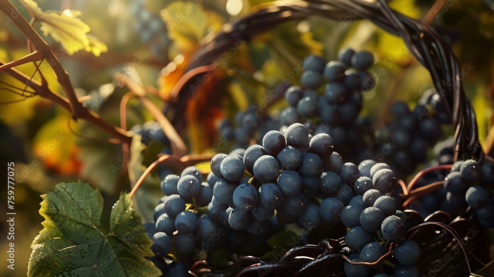 Poster Generative AI : Ripe Syrah grapes on vine, close-up with glow in background and selective focus