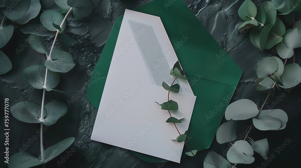 Poster generative ai : blank white card in green envelope with twigs of eucalyptus