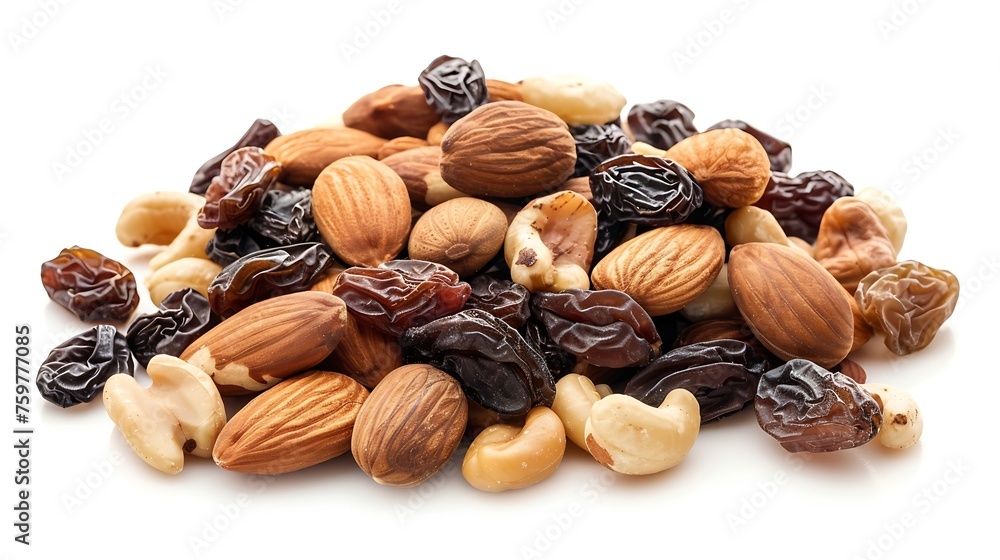 Poster generative ai : mixed fresh nuts and raisins isolated on white