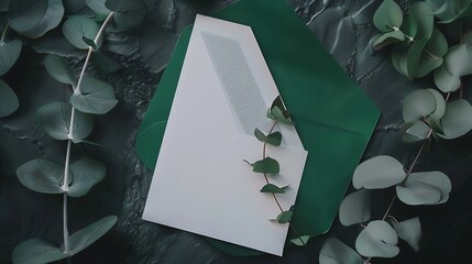 Generative AI : Blank white card in green envelope with twigs of eucalyptus