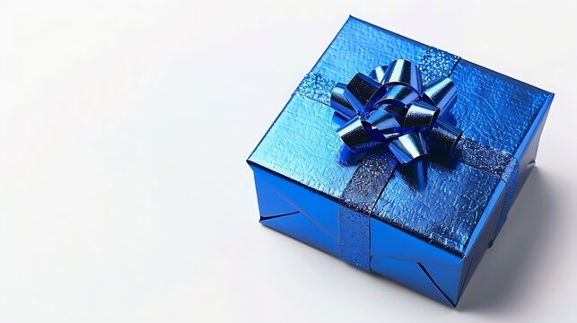 Generative AI : Blue shiny metallic gift box isolated on white background. top view, copy space