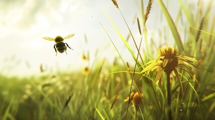 Generative AI : Blurred close up bee insect flying on flower, beautiful nature in grass field - obrazy, fototapety, plakaty