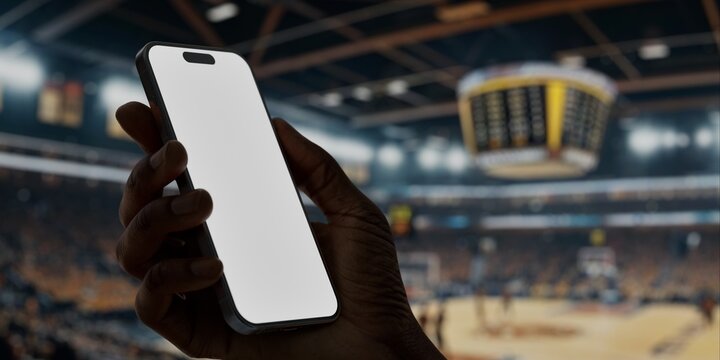Black African-American man using smartphone during a game on basketball arena - Powered by Adobe