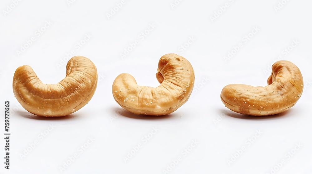 Poster generative ai : close-up three roasted cashew nuts isolated on white background. clipping path.