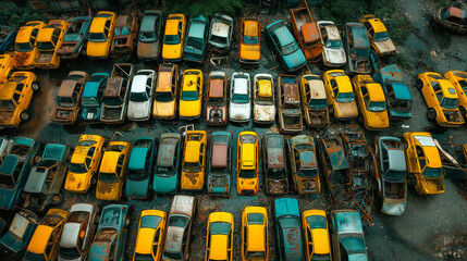 An aerial view of old and abandoned cars at a junkyard