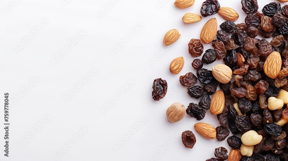 Poster generative ai : mixed fresh nuts and raisins isolated on white background