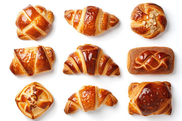 set of danish pastry, concept for baked goods of different flavours,  top view. bakery produce isolated on white background.