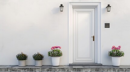 Generative AI : White front door with small square decorative windows and flower pots - obrazy, fototapety, plakaty