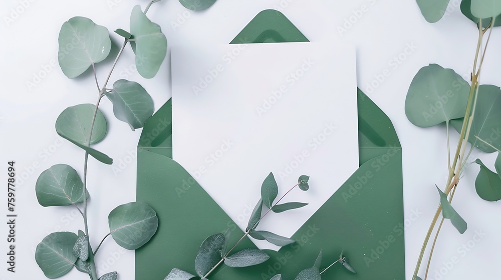 Aufkleber generative ai : blank white card in green envelope with twigs of eucalyptus