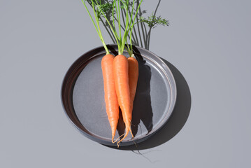 Zanahorias frescas crudas en un plato gris sobre fondo gris. Vista superior	