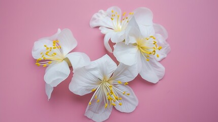 Generative AI : Template white flowers with yellow stamens placed on a pink background.