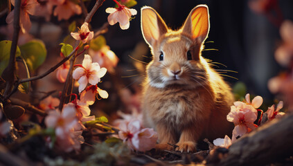 A cute little white rabbit runs around the garden with flowers. Easter concept - obrazy, fototapety, plakaty