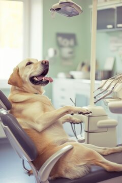 A labrador is sitting in a dental chair in a dentist's office.