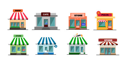 Set of vector shop buildings isolated on white background.