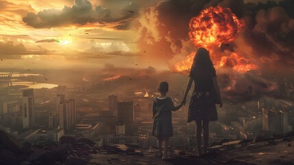  In the shadow of the destroyed city, a woman with a child stands, their silhouettes loom against the background of an atomic bomb explosion, reflecting helplessness and horror at the horrors of war.