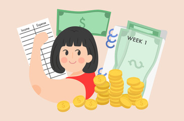 Flat design of cash stuffing vector, money stuffing in envelope vector, woman is saving money vector, budget planning vector, woman is planning on weekly budget, income and expense management.
