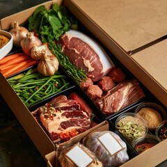 Regional Cuisine Meal Kits Close-up on a meal kit box open to reveal ingredients