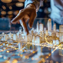 A close-up of a man manipulating a model of a city realized in augmented reality with his fingers.