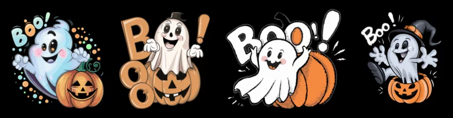 Fotobehang Whimsical Halloween boo ghost vector illustration, playful pumpkin surprise, Halloween T-shirt vector set. Generative AI © nadimgdx