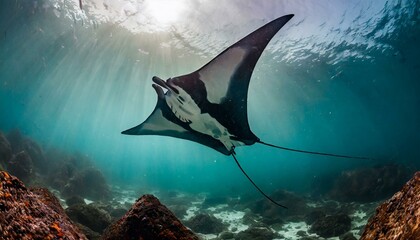 Manta rays are nature's acrobats, gracefully gliding through the ocean's depths. - obrazy, fototapety, plakaty