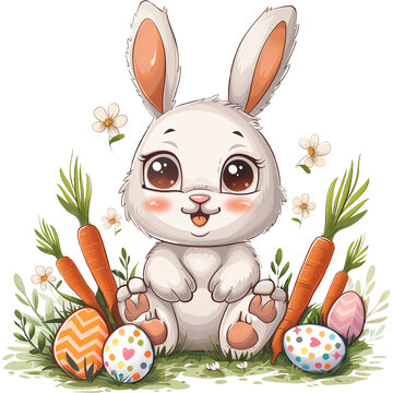 recommend clip art: Chibi easter bunny with floppy ears, cartoonish, surrounded by easter egg, carrots and small flowers.genesis ai