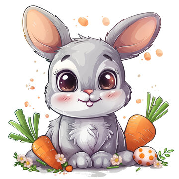 recommend clip art: Chibi easter bunny with floppy ears, cartoonish, surrounded by easter egg, carrots and small flowers.genesis ai