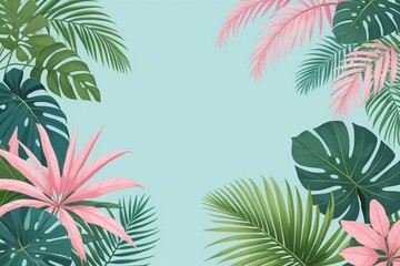 Tropical palm leaves and branches on a blue background, horizontal composition - obrazy, fototapety, plakaty