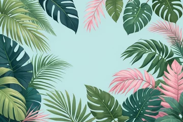 Poster Tropical palm leaves and branches on a blue background, horizontal composition © Thanh