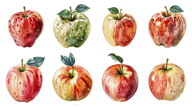Orchard Artistry: A Unique Group of Assorted Watercolor Apples, Colorful Fruits with Varied Designs and Patterns on a Transparent Background