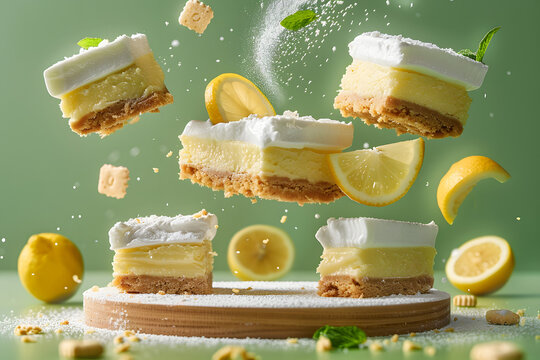 Lemon Cheesecake slices and 3 or 4 pieces flying lemon pieces next to it, biscuit powder and pieces are scattered on the ground, the background of the picture is green isolated