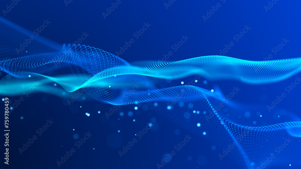Poster abstract bright wave of glowing particles. the flow of musical sounds. big data visualization. 3d re