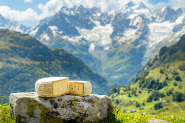 A wheel of artisan cheese with Swiss mountains and meadows in the background on a sunny summer day