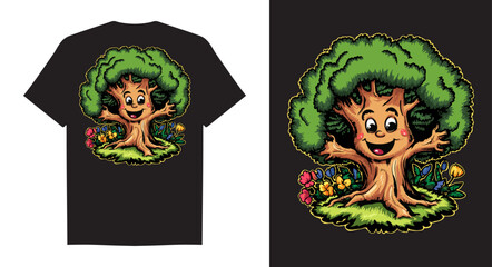 Cheerful tree vector illustration, playful Nature's Embrace T-shirt design. Generative AI.