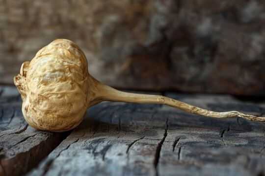 Dry whole maca root on a table. Healhty nutritional supplement.