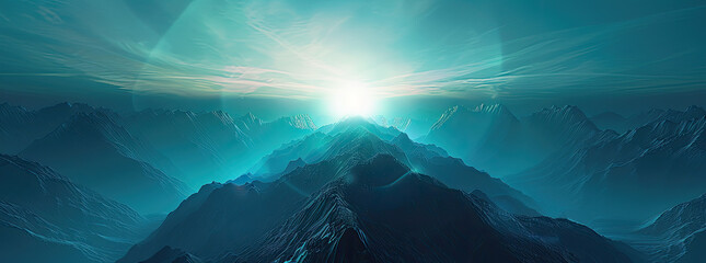 A serene mountain landscape at dusk, with a mysterious glowing aura surrounding it, 3D render