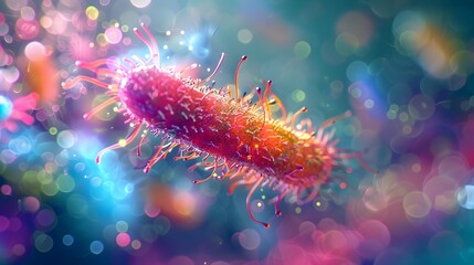 A red and pink bacterium is shown in a colorful background - obrazy, fototapety, plakaty