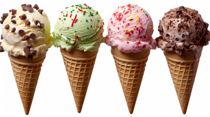 Quartet of Ice Cream Cones with Toppings on a White Background