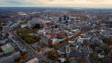 Fototapeta na wymiar Aerial of the old town around the city Dortmund in Germany on a cloudy noon in fall