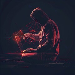 Abstract polygonal hacker with laptop on technology dark background. Cyber attack and cyber security concepts. 