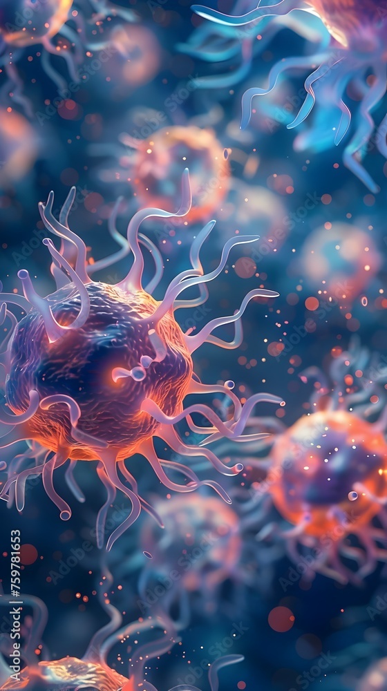Poster a close up of a bunch of colorful, fuzzy looking cells. the image is a representation of the microsc